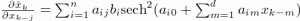 \frac{\partial%20\hat{x}_k}{\partial%20x_{k-j}}=\sum^{n}_{i=1}a_{ij}b_i\hbox{sech}^2(a_{i0}%2b\sum^{d}_{m=1}a_{im}x_{k-m})